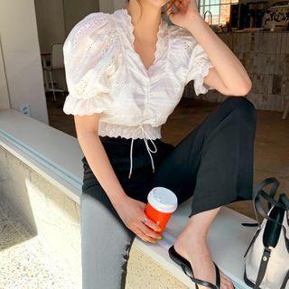 Drawstring Eyelet-lace Crop Top Ivory - One Size