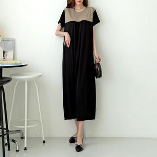 Contrast-yoke Shirred Maxi Dress