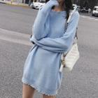 Fringe Long-sleeve Knit Dress Blue - One Size