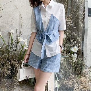 Set: Short-sleeve Stripe Panel Shirt + Shorts