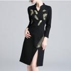 Feather Embroidered Long-sleeve Slit A-line Dress