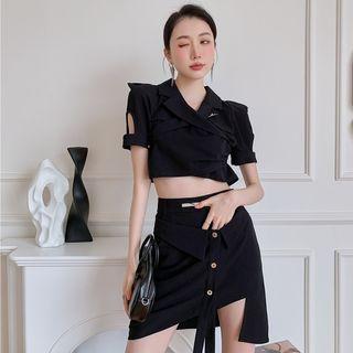 Short-sleeve Cutout Crop Top / Irregular Mini Skirt