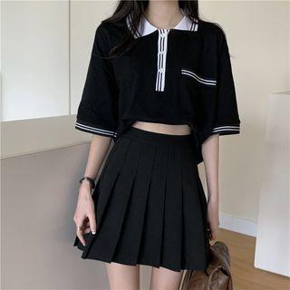 Elbow-sleeve Collar Contrast Trim T-shirt