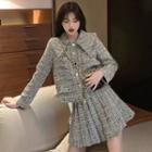 Tweed Buttoned Jacket / Mini A-line Pleated Skirt