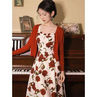 Wide Strap Floral Print Midi A-line Dress / Cardigan / Set