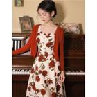 Wide Strap Floral Print Midi A-line Dress / Cardigan / Set