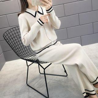 Set: Contrast Trim Collared Long-sleeve Knit Top + Cropped Straight-fit Pants