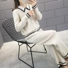 Set: Contrast Trim Collared Long-sleeve Knit Top + Cropped Straight-fit Pants