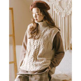 Turtleneck Cable-knit Vest Beige - One Size