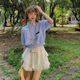 Polo-neck Striped Cropped Top + Layered Skort