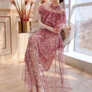 Set: Floral Printed Elbow-sleeve Ruffled Blouse + Mesh Overlay Midi Skirt