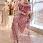 Set: Floral Printed Elbow-sleeve Ruffled Blouse + Mesh Overlay Midi Skirt