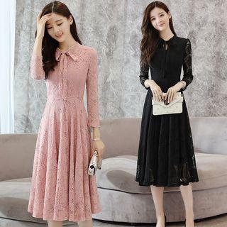 Lace Tie-neck Long-sleeve Midi A-line Dress