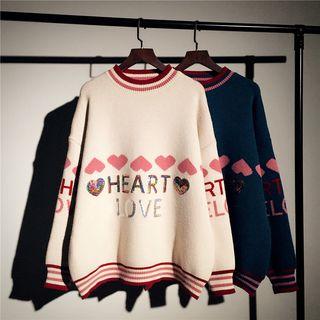 Lettering Sequined Heart Print Sweater
