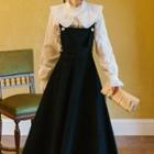 Set: Collared Bell-sleeve Blouse + A-line Maxi Pinafore Dress