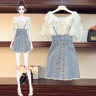 Ruffle Trim Chiffon Blouse / Suspender Denim Mini A-line Skirt / Set