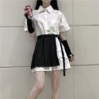 Short Sleeve Plain Shirtdress / Asymmetric Wrapped A-line Skirt