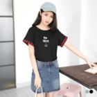 Check Trim Sleeve Letter Printed Tee