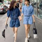 Mock Two-piece Elbow-sleeve Buttoned Denim Playsuit