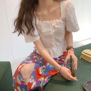 Square-neck Short-sleeve Blouse / Floral Print Midi A-line Skirt