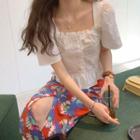 Square-neck Short-sleeve Blouse / Floral Print Midi A-line Skirt