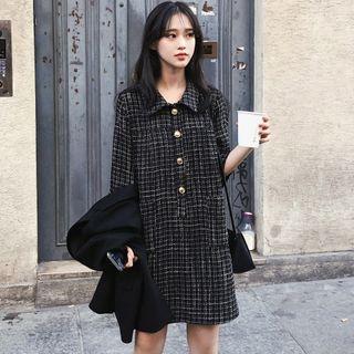 Elbow-sleeve Plaid Mini Collared Dress