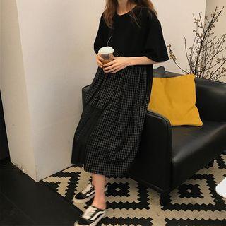Elbow-sleeve Plaid Panel T-shirt Dress