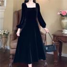 Long-sleeve Square Neck A-line Midi Velvet Dress