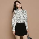 Long-sleeve Cutout Printed Blouse / Plain Culottes