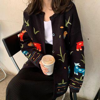 Animal Embroidered Cardigan Black - One Size