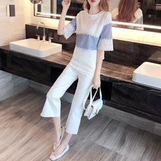 Set: Elbow-sleeve Paneled T-shirt + Pants