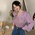 Collar Shirred Blouse Purple - One Size