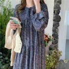 Floral Print Long-sleeve Loose-fit Dress Navy Blue - One Size