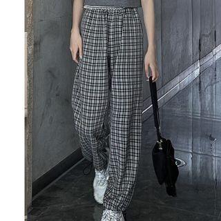 High-waist Plaid Drawstring Straight Cut Pants