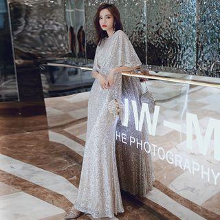 Short Sleeve Sequined Mermaid Evening Gown