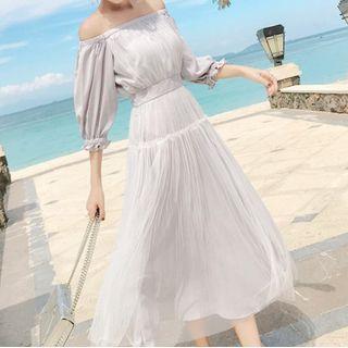 Off-shoulder 3/4-sleeve Midi A-line Mesh Dress