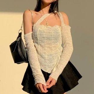 Asymmetrical Cold-shoulder Shirred Blouse