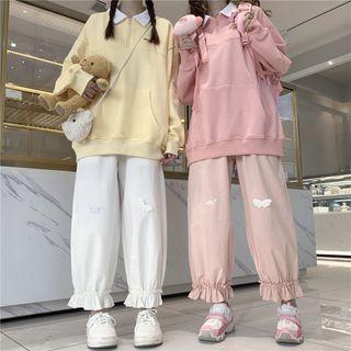 Ruffled Wide-leg Pants / Polo-neck Sweatshirt