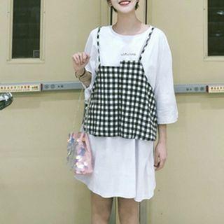 Set: Crew-neck 3/4-sleeve T-shirt Dress + Plaid Camisole Top