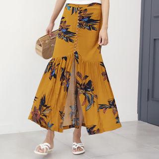 Slit-front Patterned Maxi Skirt