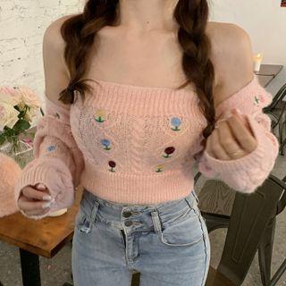 Set: Strapless Floral Embroidered Knit Top + Cardigan Shrug Set Of 2 - Top & Shrug - Pink - One Size