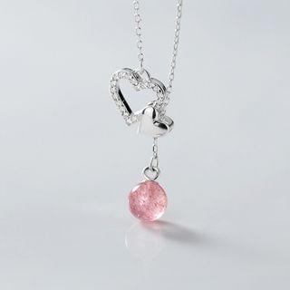925 Sterling Silver Rhinestone Heart & Bead Pendant Necklace S925 Silver - As Shown In Figure - One Size