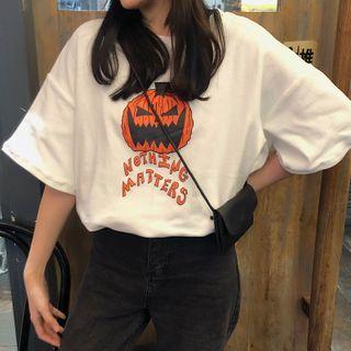 Cartoon Pumpkin Print Elbow-sleeve T-shirt