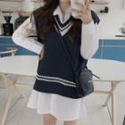 Long-sleeve Mini Shirtdress / Contrast Trim Sweater Vest