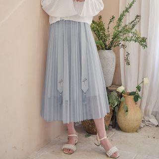 Flower Embroidered Midi Accordion Pleat Skirt