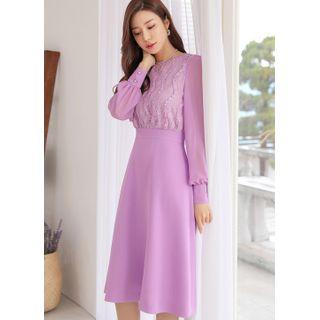 Lace-panel Midi Mock Two-piece Dress
