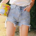 Pineapple Embroidered Washed Denim Shorts