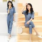 Short Sleeve Drawstring Waist Zip Jumpsuit