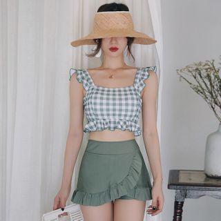 Set: Gingham Tankini Top + Ruffle Trim Swim Skort