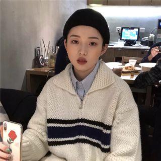 Color-block Long-sleeve Loose-fit Zip Sweater Off-white - One Size